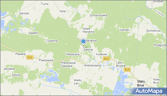 mapa Dębina, Dębina gmina Stary Brus na mapie Targeo